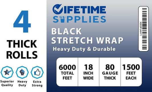 Lifetime Supplies 4 Rolls x 18 Inch x 1500 FT x 80 Gauge [Upgraded] Black Premium Stretch Wrap, Heavy Duty Shrink Film for Shipping, Moving, Sealing - Stronger & Thicker, Durable - color: Black, size: 4 PACK