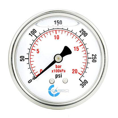 2" Pressure Gauge, Stainless Steel Case, Chrome Plated Brass Connection, Liquid Filled, 0-300 psi/kPa, Back Mount 1/4" NPT