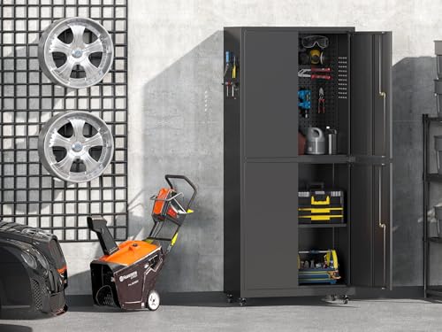 71" H Metal Tool Storage Cabinet with Lock and Wheels, Heavy Duty Garage Cabinet with 4 Doors and 2 Adjustable Shelves, Tool Organizer with Pegboard for Garage, Warehouse(Black, 71" H) - color: Black, size: 71"H(4-Door)