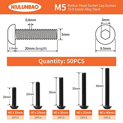 M5 x 20mm 25mm 30mm 35mm 40mm Button Head Socket Cap Screws Bolts, 10.9 Grade Alloy Steel, Black Oxide Finish, Allen Socket Drive, Metric Machine Fully Threaded, Assortment Kit 50PCS - size: M5 x 20/25/30/35/40mm (50PCS)