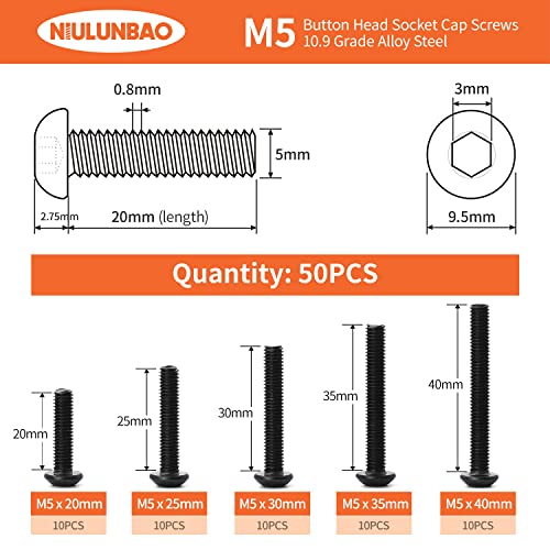M5 x 20mm 25mm 30mm 35mm 40mm Button Head Socket Cap Screws Bolts, 10.9 Grade Alloy Steel, Black Oxide Finish, Allen Socket Drive, Metric Machine Fully Threaded, Assortment Kit 50PCS - size: M5 x 20/25/30/35/40mm (50PCS)