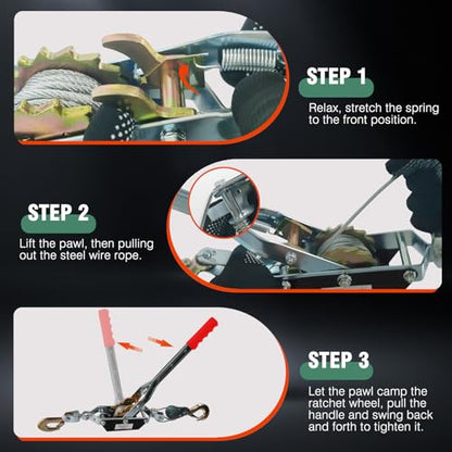 2T Come Along Winch, 4410lbs Pulling Capacity, 7ft Steel Cable - size: 2T-4410lbs-7FT-2Hook