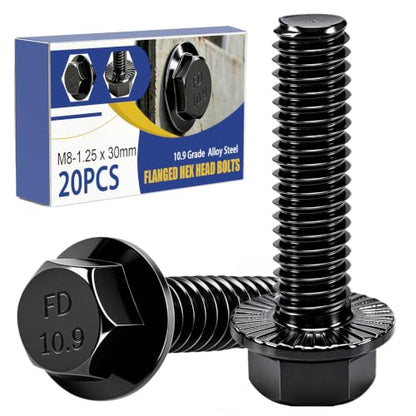 mankk 20PCS M8-1.25 x 30mm Flanged Hex Head Bolts 10.9 Grade High Tensile Alloy Steel,Black Zinc Plated,Full Thread,for Auto Parts, Farm Equipment & DIY Projects - size: BK M8x30mm