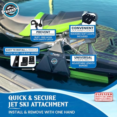 WAVESRX PWC Fender Bumper & Soft Loop Cleats for Safe and Convenient Jet Ski Docking - Patented TriFender Protects Jetski from Dock Rash & Scratches Folding Design with Adjustable Bungee - color: Orca Black
