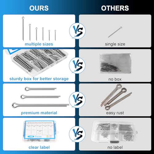 180pcs Premium 304 Stainless Steel Cotter Pin Assortment Kit, 6 Sizes Heavy Duty Cotter Pins, Hardware Pins for Automotive, Machinery, Lawn Mowers, and DIY Projects - size: cotter pin(split pin)