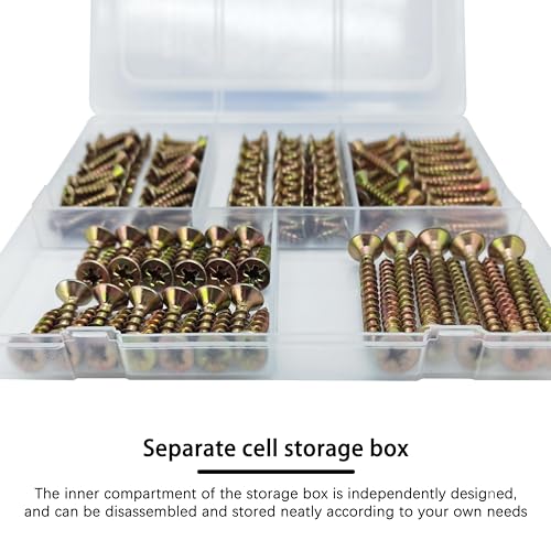 Wood Screws Assortment Kit, 175Pcs, #6#8#10 Self Tapping Screws, Yellow Zinc Plated, Flat Head Phillips Screws Set, Assorted Screws, Screw Assortment, Length 1/2, 3/4, 1, 1-1/2 Inch, Gold - size: #6#8#10 Screws Kit (1/2"-1-1/2")