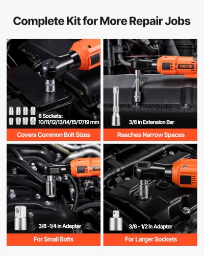 VEVOR Cordless Ratchet Wrench, 3/8 inch Drive, 230 RPM, up to 88 ft-lbs of Torque, Battery Powered Electric Ratchet Wrench Set with Two 2.0Ah Batteries, Charger, Sockets, Adaptors and Cloth Bag - size: 14.56 in, style: Standard
