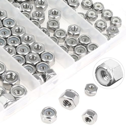 #6-32#8-32#10-24 1/4"-20 5/16"-18 Lock Nuts, HELIFOUNER 124 Pieces 5 Sizes Nylon Insert Hex Lock Nuts Assortment Kit, 304 Stainless Steel (18-8) Locknuts, Coarse Thread - size: #6-32 to 5/16"-18 (124 pcs)