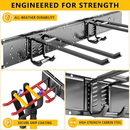 Garage Tool Organizer Wall Mount, 48inch Heavy-Duty Garage Storage System and Garden Tool Organizer with 6 Adjustable Straight Hooks for Shovel, Snowboard, Yard Tools and Shed - size: 48"-6straight hook