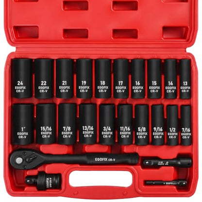 24 Piece 3/8" Socket Ratchet Wrench Set, Deep SAE (7/16 to 1 inch) and Metric (13-19mm, 21, 22, 24mm) 6 Point, with Ratchet Handle, Extension Bar, Adapter, Impact Universal Joint, Storage Box - color: 3/8-24pcs