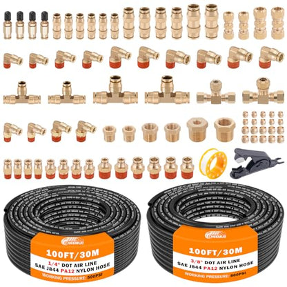 CheeMuii 80 PCS Brass DOT Air Line Fittings with 1/4" & 3/8" DOT Air Hoses - size: 2ROLL-84PCS