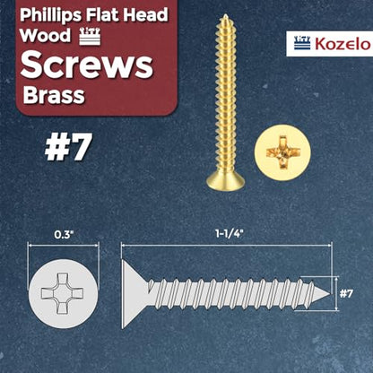 50pcs Phillips Flat Head Wood Screws - [#7x1-1/4] Brass Countersunk - size: #7x1-1/4"