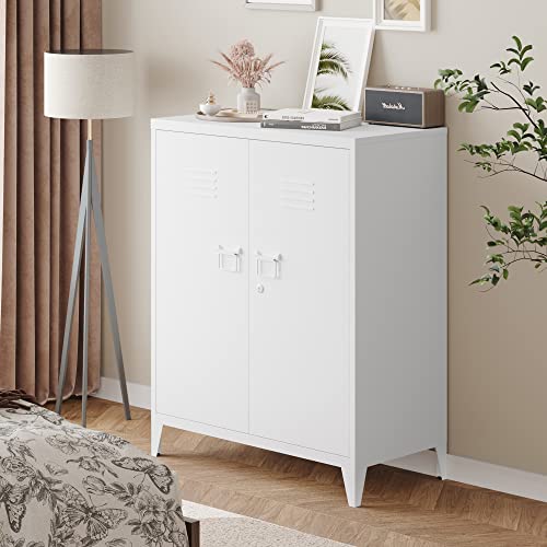 Metal Storage Cabinet with Lock, Locking Cabinets Office Storage Caninet with 2 Doors and Shelves, Lockable Steel Locker Floor Caninets Cupboard, Small Sideboard Buffet Cabnet for Home Office - color: White, size: 40"H