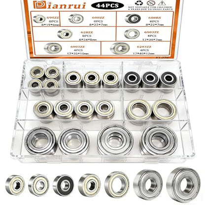 Dianrui 608RS/ 608ZZ/ 698ZZ/ 628ZZ/ 6903ZZ/ 6003ZZ/ 6203ZZ - 44 PCS Ball Bearings Assortment Kit, Carbon Steel Deep Groove Bearing for Furniture Wheel, Roller Skates, 3D Printing and ect—7 Size - size: 608RS/ 608ZZ/ 698ZZ/ 628ZZ/ 6903ZZ/ 6003ZZ/ 6203ZZ
