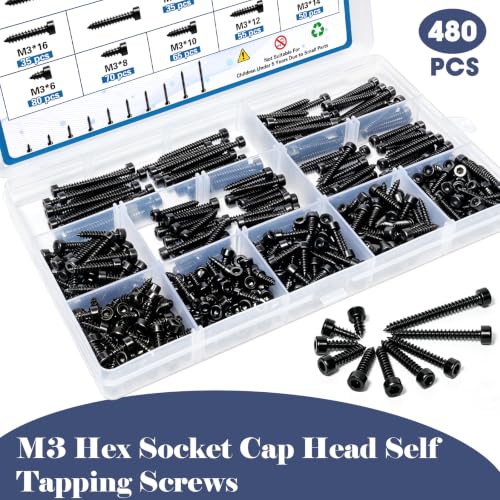 480Pcs M3 Black Metric Hex Socket Cap Head Self Tapping Screws for Plastic
