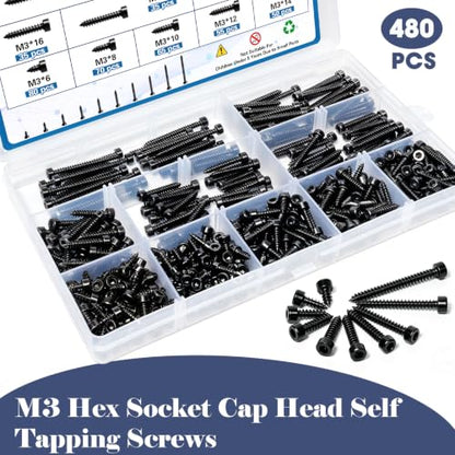 480Pcs M3 Black Metric Hex Socket Cap Head Self Tapping Screws for Plastic