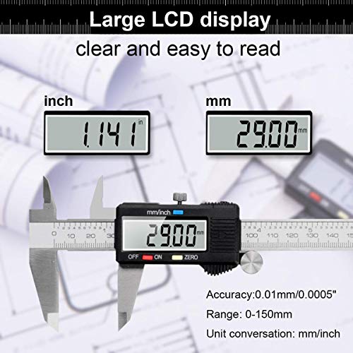 Caliper Measuring Tool, Qfun Vernier Digital Caliper Stainless Steel 6 Inch/150mm, Digital Micrometer Waterproof, Easy Switch from Inch to Millimeter, Large LCD Screen