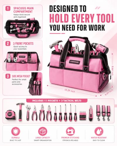13-Inch Tool Bag for Women, Pink Soft Storage Bag with Inside Pockets - color: Pink