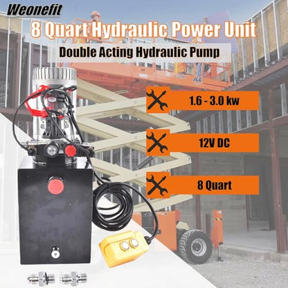 8 Quart Hydraulic Power Unit 1.6kW Power, 12V DC Double Acting Hydraulic Pump for Dump Trailer Car Lifting, Hydraulic Pump Power Unit Steel (GC01) & Aluminium Alloy with Metal Oil Reservoir - size: 8 Quart；Double Acting