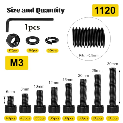 1120PCS M3 Socket Screws Assortment Kit,M3x6/8/10/12/16/20/25/30 mm - size: M3 1120pcs