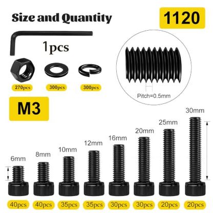 1120PCS M3 Socket Screws Assortment Kit,M3x6/8/10/12/16/20/25/30 mm - size: M3 1120pcs