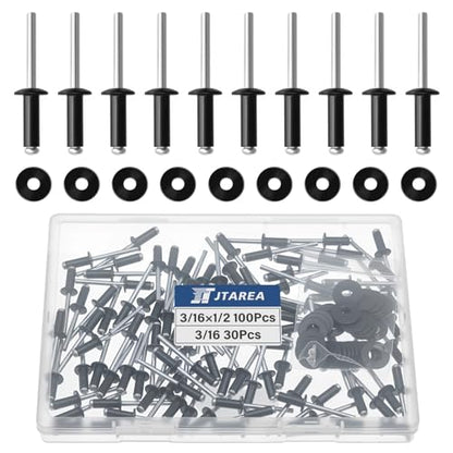 130pcs 3/16" x 1/2" Black Aluminum Pop Rivets with Stainless Steel Washers 4.8 x 12.7mm Blind Rivet Assortment Kit - size: 3/16*1/2