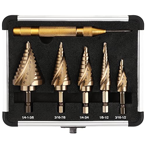 COMOWARE 5PCS M35 Cobalt Step Drill Bit Set with 1/4" Hex Shank, Automatic Center Punch, Two Spiral Flute Impact Design, Ideal for Metal, Stainless Steel, Wood, Plastic - style: 6Pcs Cobalt - Hex Shank