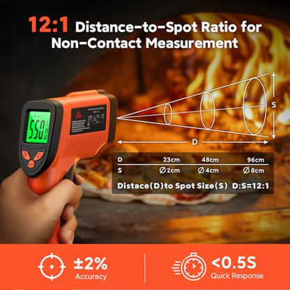12:1 Infrared Thermometer Temperature Gun, Non-Contact Digital Laser IR Temp Gun (-58°F to 1022°F / -50°C to 550°C), for Cooking, Pizza Ovens, BBQ, Grilling, and Reptiles