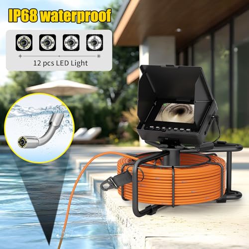 Sewer Camera 100FT/30M Borescopes Plumbing Snake Pipe Inspection Camera 22mm with 8500Mah Battery 4.3" IPS Screen 12 LEDs HD 1000TVL (22MM NO DVR Function) - size: 4.3inch-22MM(NO DVR)