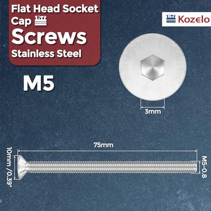 12Pcs[M5-0.8x75] Flat Head Socket Cap Screw Countersunk Bolt - color: Silver, size: M5-0.8 x 75mm