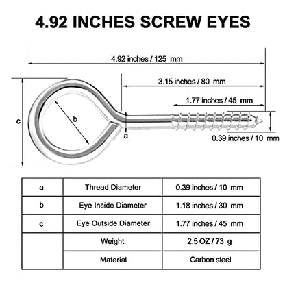 YGAOHF 5 Inch Large Eye Hooks Heavy Duty - 12 Pcs Eye Bolts Screw in Hooks Stainless Steel 500LBS Breaking Strength, Strong Eye Screws for Wood, Hanging Heavy-Duty Applications, Silver