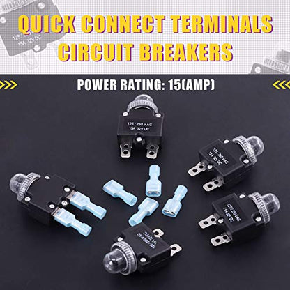 Swpeet 30Pcs 15Amp Thermal Circuit Breaker with Quick Connect Terminals and Waterproof Button Caps Assortment Kit,Waterproof Push Button Circuit Breaker 32V DC 125/250VAC 50/60Hz for Switch Operation - style: 15Amp