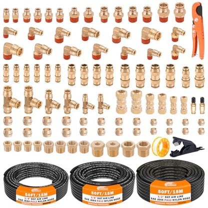 CheeMuii 100PCS Brass DOT Air Line Fittings with 3 Roll 50FT DOT Air Lines - size: 50FT-3ROLL-100PCS