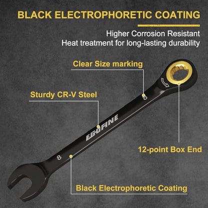 Egofine 8mm Ratchet Wrench, 8mm Wrench Ratcheting Combination Wrenches Metric, Industrial Grade Gear Spanner with 12 Point Box End, 72-Teeth Ratchet Black Electrophoretic Coating,CR-V - style: 8mm