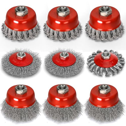 9Pcs Wire Wheel for Angle Grinder, 4 & 3In Knotted/Crimped