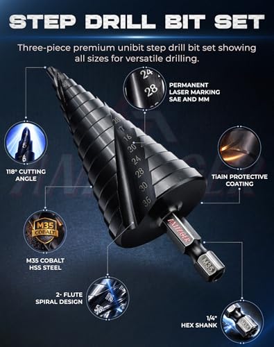 Unibit Step Drill Bit Set (3-Piece) M35 Cobalt HSS TiAlN - Up to 1-1/4" (32mm Max) – Spiral Groove for Stainless Steel, Sheet Metal & Plastic, 1/4" Hex Shank, Aluminum Case