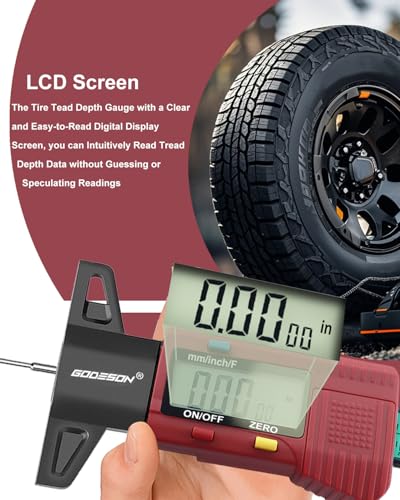 GODESON Red Digital Tire Tread Depth Gauge - 3 Modes (Fractional/Decimal Inch/Millimeter), Zeroable & Accurate, LCD Display,Tire Tread Measure Tool for Cars, Motorcycles, SUV, Trucks & Vans
