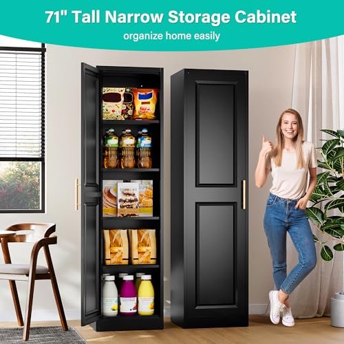 SISESOL 71" Tall Narrow Storage Cabinet with 1 Door and 5 Shelves,Slim Kitchen Pantry Cabinet,Black Metal Bathroom Cabinets,Large Cupboard for Home,Kitchen,Laundry,Bathroom - color: Black, size: 16.5"W