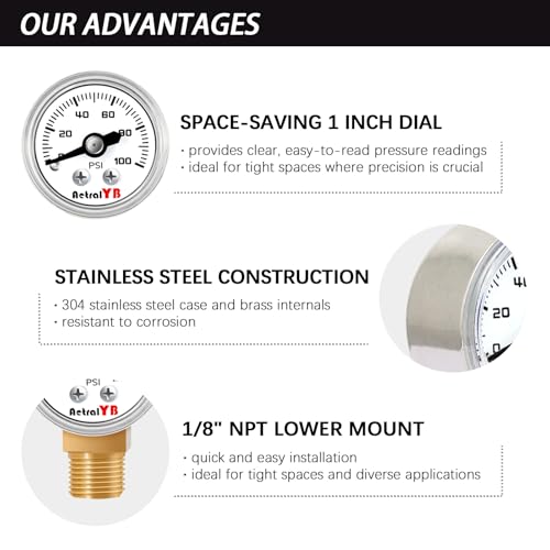 1 Inch Mini Pressure Gauge, 0-100 PSI Gauge, 1/8” NPT Lower Mount, Stainless Steel Case, Brass Internal, ±2.5% Accuracy, Pressure Gauge for Coffee Machines, Air Compressors, and Water Pumps - size: 0-100 PSI, style: Lower Monut