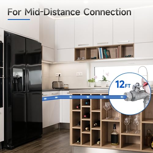 12 FT Refrigerator Water Line, 1/4" Compression Stainless Steel Braided Ice Maker Water Hose, Fridge Water Line for Refrigerator - size: 12 Feet