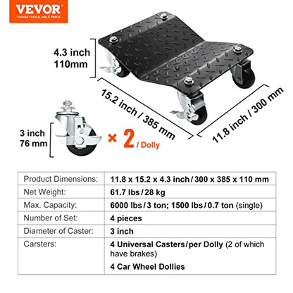 VEVOR Car Wheel Dolly, 6000 lbs/2722 kg Car Moving Cart with Brakes, Set of 4 Piece, Heavy-Duty Vehicle Dolly, Moving Cars, Trucks, Trailers, Motorcycles, and Boats - size: 4 Pack, style: 6000 LBS，4 Pack