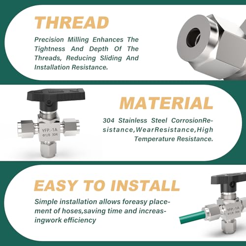 1PCS 304 Stainless Steel 3 Way Compression Tube Valve,1/8" Tube OD Adapter, for water/oil/air systems - size: 1/8" OD (3 Way Valve)