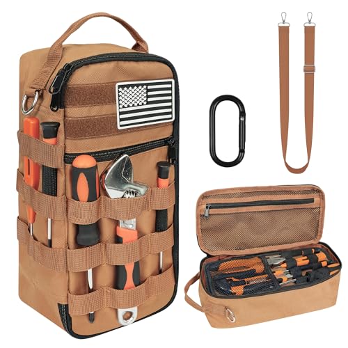 13 Inch Portable Small Tool Bag, Heavy Duty Tool Organizer Bag with Shoulder Strap and D-ring Clip, Tactical Tool Bag, Tool Pouch Bag for Electricians, Carpenters, HVAC Technicians (Brown) - color: Brown