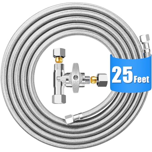 Fridge Water Line Kit - 25FT with Tee Stop Valve for Refrigerator Ice Maker - size: 25 FT