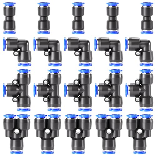 TAILONZ 10mm Push to Connect Fitting Splitters+Elbows+Tees+Straight 20Pcs - color: Blue, size: 10MM OD/20PCS