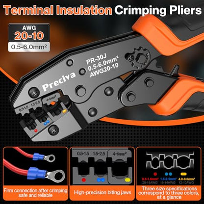 Preciva Crimping Tool for Insulated Terminals Wire Connectors, AWG20-10 Ratchet Crimper with 425 Pcs Insulated Terminals Connectors