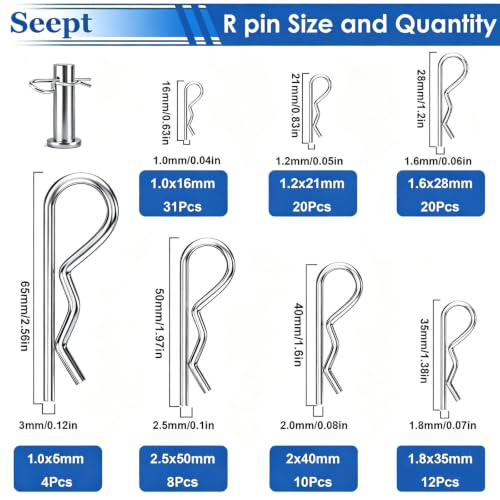 105Pcs 304 Stainless Steel R Cotter Pins – 7 Sizes Assortment Kit, Heavy-Duty Hitch Lock Pins for Trucks, Trailers, Engines & Farm Equipment - size: 105Pcs 7-sizes