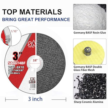 SALI 50 Pack Cut Off Wheels Cutting Wheels 3" x 1/16" x 3/8" Professional Cutting Stainless Steel for 3 in Angle Grinders and Die Grinders- Cutting Disc Aggressive Cutting Operating Up to 20380 RPM