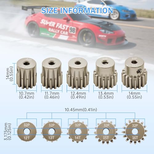 32P Pinion Gear Sets 12T 13T 14T 15T 16T for Shaft 3.175mm RC Motor Compatible with HPI Kyosho Losi Axial Tamiya 1/10 RC Car Monster Truck Upgrade Parts (7075 Aluminum) - size: 12T 13T 14T 15T 16T