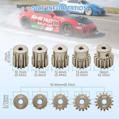 32P Pinion Gear Sets 12T 13T 14T 15T 16T for Shaft 3.175mm RC Motor Compatible with HPI Kyosho Losi Axial Tamiya 1/10 RC Car Monster Truck Upgrade Parts (7075 Aluminum) - size: 12T 13T 14T 15T 16T